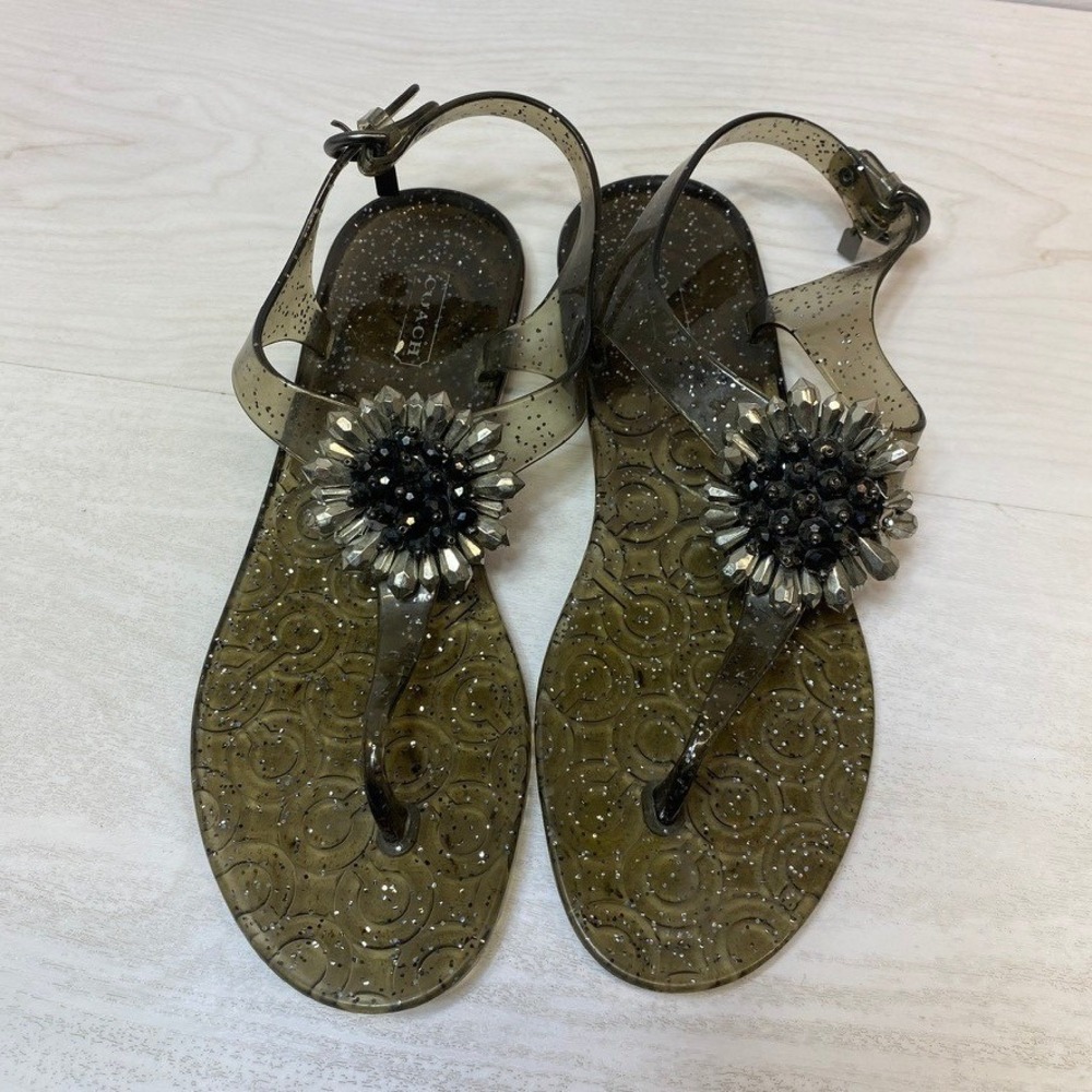 Coach Womens 8B Hilda Jelly Sandals Thong Glitter Smoky Grey PVC Crystal Flower